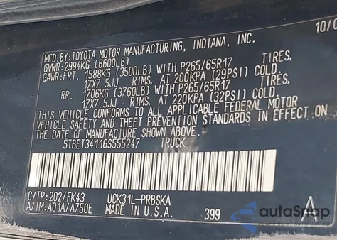 2006 Toyota Tundra Sr5 V8 z USA, uszkodzony, nr VIN 5TBET34116S555247